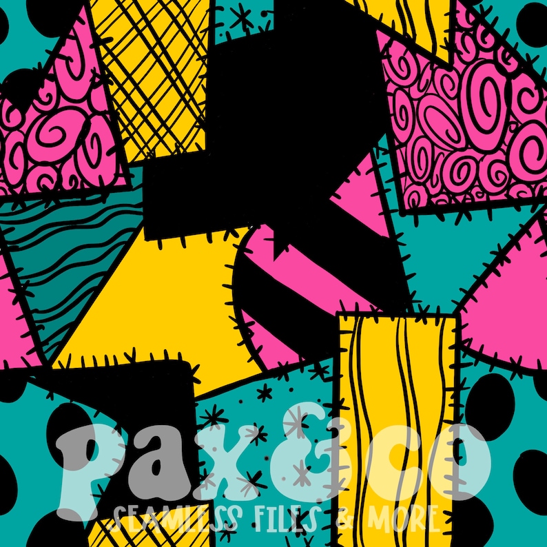 May include: A seamless pattern featuring a patchwork design with various colors and shapes, including pink, yellow, blue, and black. The pattern is reminiscent of a popular character from a well-known animated film.