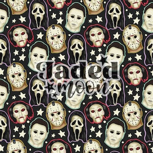May include: A black fabric pattern featuring a repeating print of horror movie icons including hockey masks, ghost-like figures, and pale faces with dark hair, interspersed with small cream-colored stars and the text Jaded moon in the center.