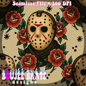 Jason Traditional Tattoo Style Tattoo Floral Halloween Seamless File || Custom Fabric Printing || Digital Download