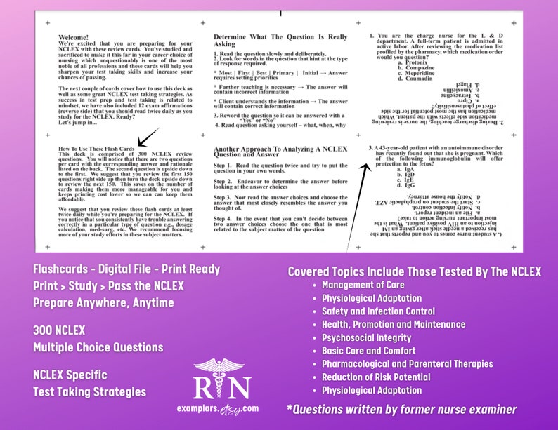 NCLEX Flash Cards Prep and Study Plan 300 Q&A 4 Cheat Sheets Head to