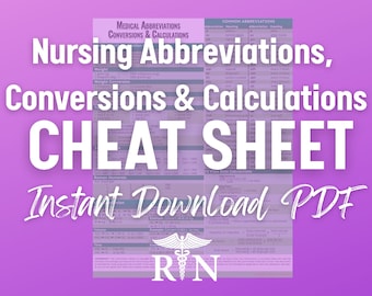 Nursing/ Medical Nursing Abbreviations, Conversions & Calculations 3 in 1 Cheat Sheet |  Nursing student study guides | Digital Download