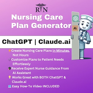 May include: A purple and white illustration of a robot nurse holding a sign that says "AI" and the text "ChatGPT | Claude.ai". The text below the robot nurse says "Create Nursing Care Plans in Minutes, Not Hours" and "Customize Plans to Patient Needs Effortlessly".