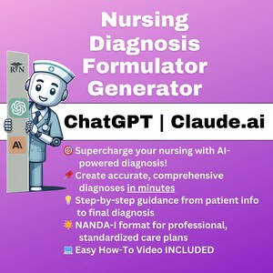 Puede incluir: Una ilustración digital de un robot enfermero sosteniendo un cartel con el texto "RIN" y "AI". El texto "Nursing Diagnosis Formulator Generator" está en la parte superior de la imagen. El texto "ChatGPT | Claude.ai" está en un cuadro blanco debajo del título. El texto debajo del cuadro describe los beneficios de usar el generador, incluyendo la creación de diagnósticos precisos, orientación paso a paso y el formato NANDA-I para planes de atención profesional y estandarizados.