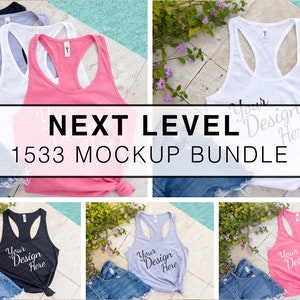 Next Level 1533 Tank Mockup Bundle of 5 Images White Black Gray Pink, Summer Racerback Tank Collection, Mockup Group, Pool Flat Lay Mockup
