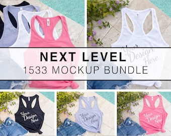 May include: A mockup bundle of six tank tops in various colours, including black, white, grey, and pink. The tank tops are laid out on a tiled surface with a floral background. The text "NEXT LEVEL 1533 MOCKUP BUNDLE" is displayed in the centre of the image.