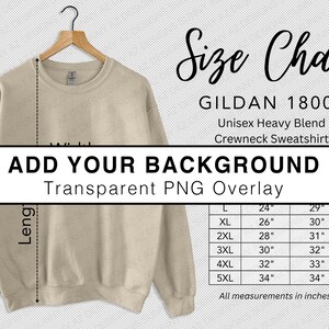 May include: A beige crewneck sweatshirt mockup on a hanger with a size chart for Gildan 18000 Unisex Heavy Blend Crewneck Sweatshirt. The chart shows measurements in inches for sizes L, XL, 2XL, 3XL, 4XL, and 5XL.