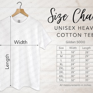 Gildan 5000 Size Chart, Unisex TShirt Size Chart, Gildan T-Shirt Size Chart, Gildan White Mockup, Heavy Cotton Tee, Measurement Chart, Guide