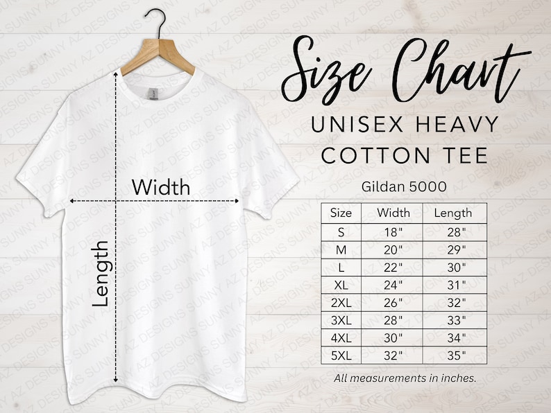 May include: A white unisex t-shirt with a size chart showing measurements in inches for Gildan 5000 heavy cotton tees. The chart shows sizes from S to 5XL with corresponding width and length measurements.