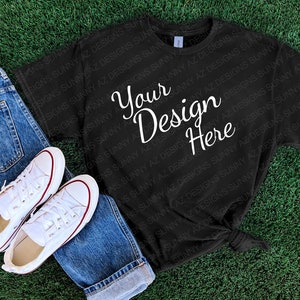 Black Gildan 5000 Mockup, Black Unisex T-shirt Mock Up, T-Shirt Mockup, Model Mockup, T-Shirt Flat Lay, Summer Sports Green Grass Tee Mockup
