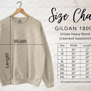 Gildan 18000 Size Chart, Unisex Sweatshirt Size Chart, Gildan Size