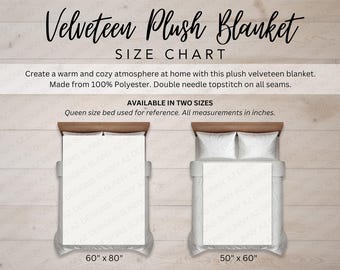 TWO SIZES ONLY Velveteen Blanket Mockup Size Chart, Throw Blanket Size Chart, Blanket On Bed Size Chart Plush Blanket Size Guide