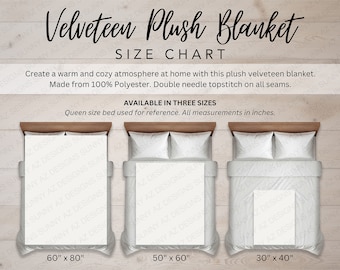 Blanket Size Chart, Velveteen Blanket Mockup Size Chart, Throw Blanket Size Chart, Blanket On Bed Size Chart Plush Blanket Mockup Size Chart