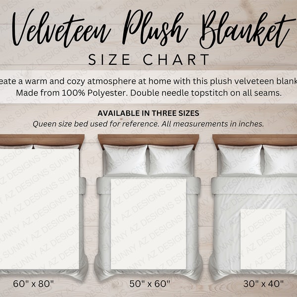 Blanket Size Chart, Velveteen Blanket Mockup Size Chart, Throw Blanket Size Chart, Blanket On Bed Size Chart Plush Blanket Mockup Size Chart