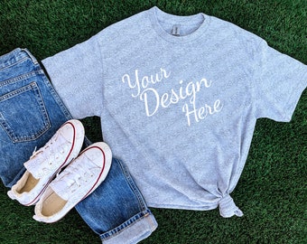 Sport Gray Gildan 5000 Mockup, Gray Unisex T-shirt Mock Up, T-Shirt Mockup, Model Mockup, T-Shirt Flat Lay, Summer Sports Green Grass Tee