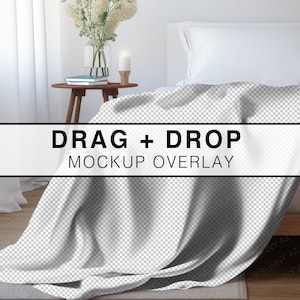 May include: A white bed with a white blanket draped over the side. The blanket is transparent and has a checkered pattern. The text "DRAG + DROP MOCKUP OVERLAY" is visible on the blanket.