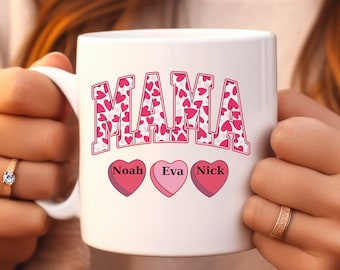 Nomi personalizzati Mama Mug, tazza da caffè o tè di San Valentino, Mama Valentine Mug, Mama Mug, Tazza con cuori personalizzata
