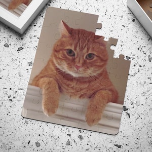 May include: A jigsaw puzzle featuring a close-up of an orange tabby cat with green eyes. The puzzle is partially assembled, with a few pieces missing. A white box with additional puzzle pieces is visible.