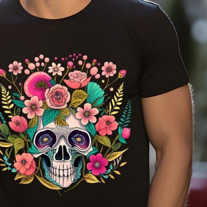Skull skeleton tattoo art floral flowers tshirt, men&#39;s shirt, tattoo artist gift, birthday gift, valentines, college student tee