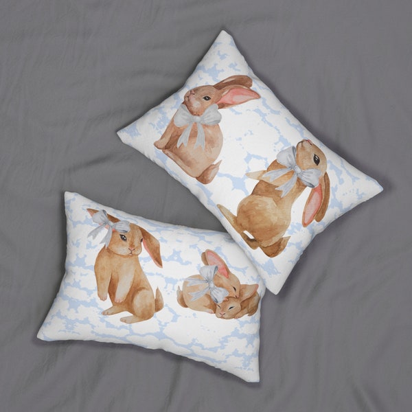 Bunnies with blue bows coquette room decor gift for her gift for mom Grand Millennial decor porch decor Lumbar Pillow