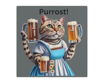 May include: A tabby cat dressed in a blue and white dirndl holds three mugs of beer. The cat is smiling and the text "Purrost!" is above the cat.