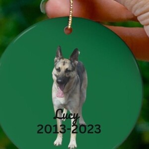 Può includere: Un ornamento rotondo in ceramica verde con l'immagine di un pastore tedesco. Il cane guarda la telecamera con la lingua di fuori. L'ornamento ha il nome "Lucy" e le date "2013-2023" scritte su di esso.