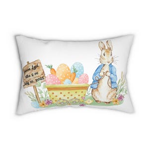 Spun Polyester Lumbar Pillow, Peter Rabbit Beatrix Potter New Mom Present Custom Name Date Birth Announce Gift for Her