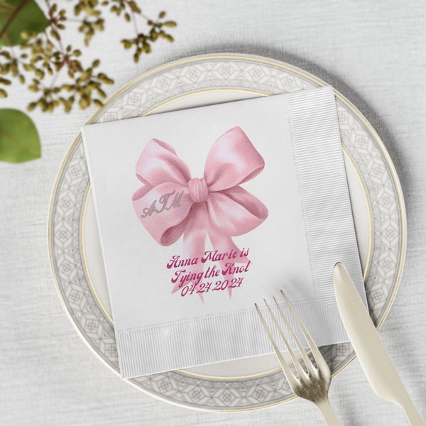 Pink bow Custom printed monogram Napkins bridal Shower love shack Bachelorette Party She's tying the knot