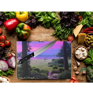 Sunset over lake Glass Cutting Board, charcuterie board, Christmas gift, chef&#39;s gift, culinary, cooking, housewarming gift