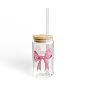 Lazo rosa con nombre personalizado coqueta Grandmillennial café helado o té Sipper Glass, 16oz