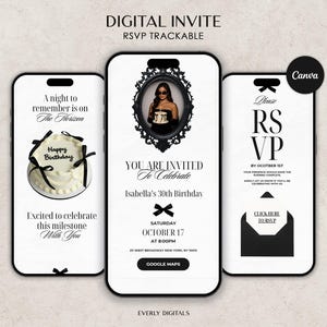 Könnte beinhalten: Digitale Geburtstagseinladung, angezeigt auf drei Smartphones. Das schwarz-weiße Design zeigt einen Kuchen, ein Foto und RSVP-Details. Der Text enthält "Happy Birthday", "You are invited" und RSVP-Informationen. Die Einladung ist nachverfolgbar.