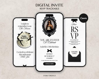 Invito di compleanno modificabile con fiocco nero con RSVP, tracker della lista degli invitati / modello Canva modificabile