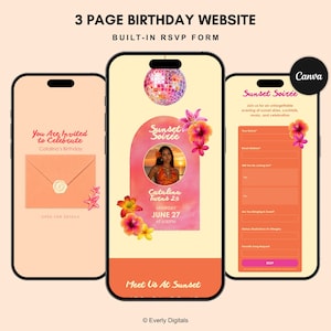 May include: Three smartphone screens displaying a birthday website design. The design features a sunset theme with pink and orange hues, floral accents, and the text "Sunset Soirée". The website includes an RSVP form and event details.