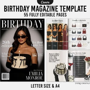 55-pages Custom Birthday Magazine Template Editable on Canva