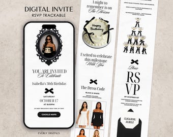 Editable Black Bow Birthday Invitation with RSVP, Guest List Tracker | Editable Canva Template