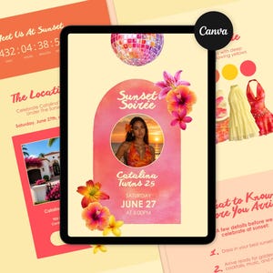 May include: A digital invitation for a "Sunset Soiree" party, featuring a photo of a woman, floral accents, and the text "Catalina Twins 25, Saturday June 27 at 6:00PM." The design includes a disco ball and a colour palette of pink, orange, and yellow.