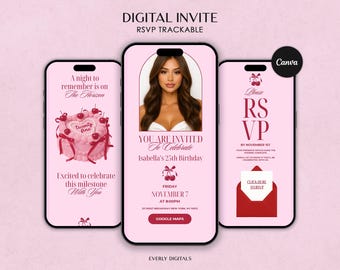 Invito per festa di compleanno con ciliegie, invito con RSVP, tracker della lista degli invitati / modello Canva modificabile
