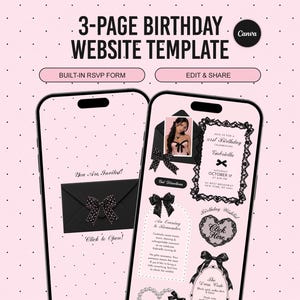 Op de afbeelding: Een 3-pagina verjaardag website sjabloon voor Canva weergegeven op twee smartphones tegen een lichtroze achtergrond met stippen. De schermen tonen zwarte enveloppen, strikken en uitnodigingstekst met RSVP- en bewerkingsknoppen bovenaan.