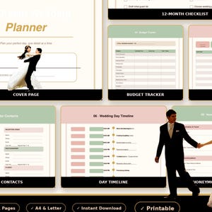 Puede incluir: Un conjunto de plantillas digitales para planificador de bodas que incluye portada, lista de verificación, rastreador de presupuesto, lista de invitados, contactos de proveedores, cronograma del día y planificador de luna de miel.