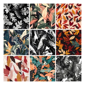 May include: Nine different seamless patterns featuring various leaf designs in black, white, green, blue, red, orange, and yellow.