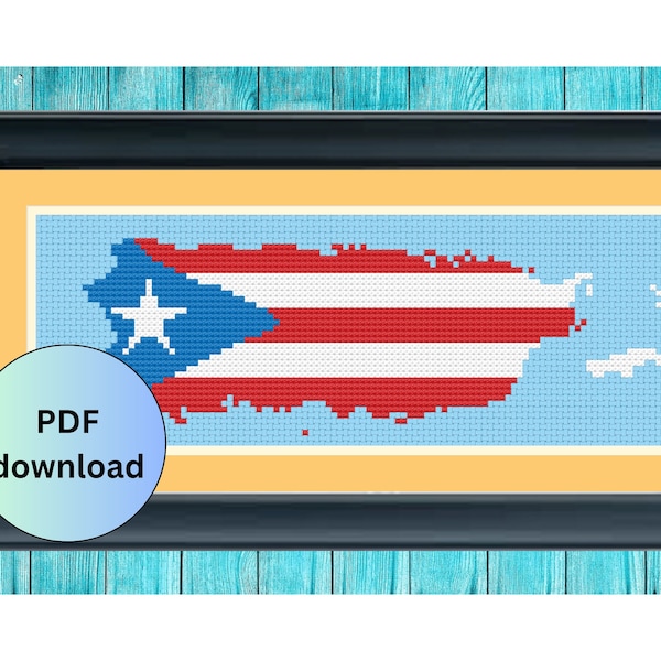 Puerto Rican Flag cross stitch pattern | map of Puerto Rico | modern cross stitch | PDF download | Boricua wall art | Caribbean island