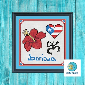 Yo Soy Boricua | Puerto Rican symbols cross stitch pattern | flor de maga, Taíno coquí, flag of Puerto Rico | Caribbean art | wall art