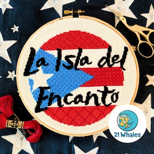 Puerto Rico cross stitch pattern digital download | la isla del encanto borinquen flag Caribbean island round xstitch design red white blue