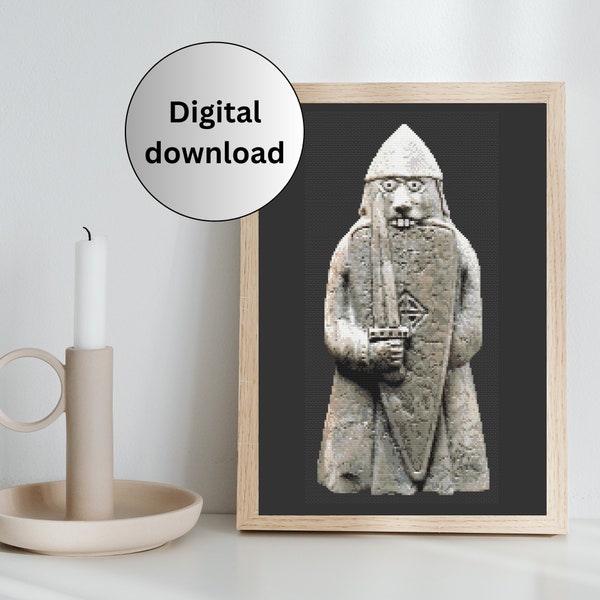 Lewis Chessmen Berserker cross stitch pattern | Historical cross stitch | Norse warrior | Scottish chess piece 12th century | museum piece