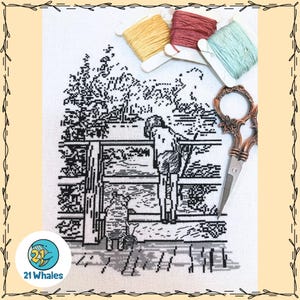May include: A black and white cross-stitch design depicting a person looking over a fence, with a small animal in the foreground. The image includes three spools of thread in yellow, red, and teal, along with decorative scissors. The logo for "21 Whales" is in the lower left corner.