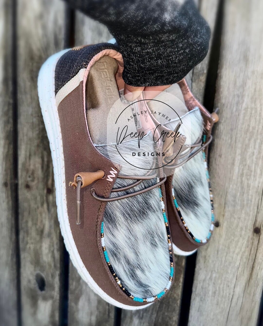 Cowhide Custom Hey Dudes Brown Hey Dudes With Turquoise Beading & Grey