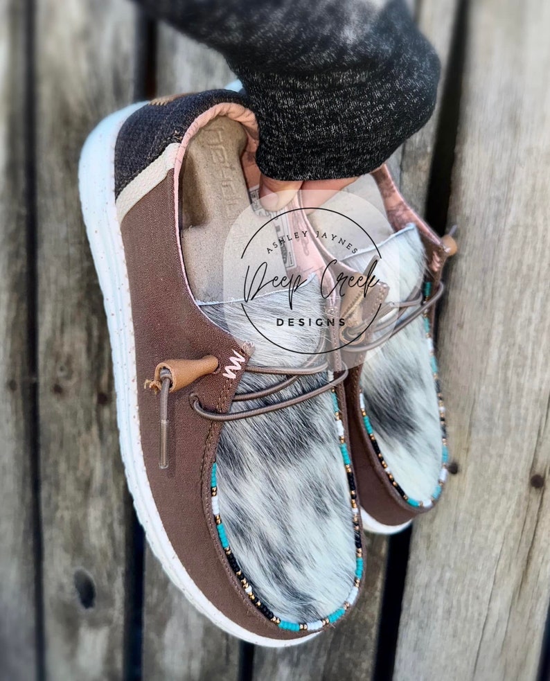 Cowhide Custom Hey Dudes Brown Hey Dudes With Turquoise Beading & Grey Cowhide Hair on Hide Etsy