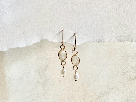 Dainty Moonstone and Pearl Earrings, June birthstone birthday gift for her, tiny moonstone earrings women, lightweight earrings everyday