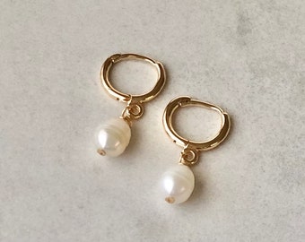 Pearl Huggie Earrings | 14kt gold filled pearl earrings dainty handmade jewelry, June birthstone jewelry for women, minimalist jewelry