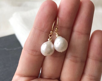 Simple Baroque Fireball Pearl Earrings | 14K gold fill, handmade jewelry pearl earrings, June birthstone jewelry for women, wedding jewelry