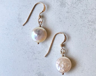 Coin Pearl Earrings | June Birthstone Jewelry, Simple Pearl Earrings, Minimalist Gold Filled Earrings Mothers Day Gift for Her